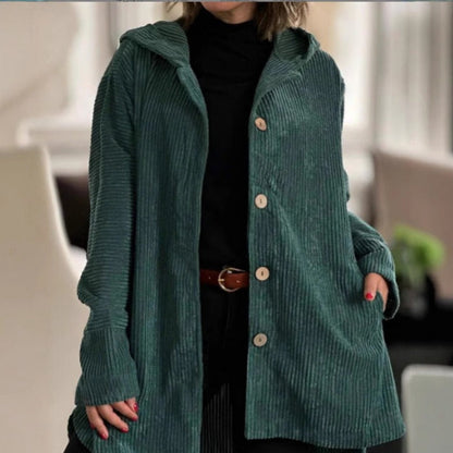 Women’s Hooded Jacket – Corduroy – Loose Fit – Button Front – Mid-Thigh Length