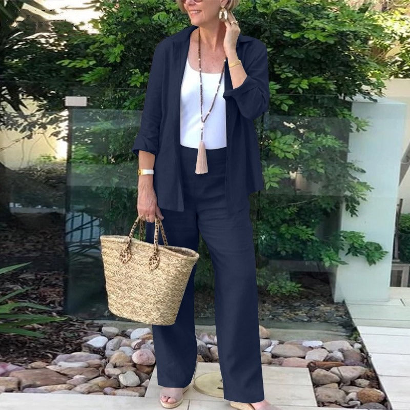 Women’s Two-Piece Set – Linen Blend – Relaxed Fit – Open Shirt & Wide-Leg Trousers