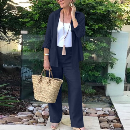 Women’s Two-Piece Set – Linen Blend – Relaxed Fit – Open Shirt & Wide-Leg Trousers