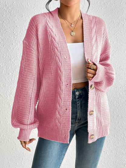 Women’s Knitted Cardigan – Cable Knit – Oversized Fit – Button Front – Ribbed Hem
