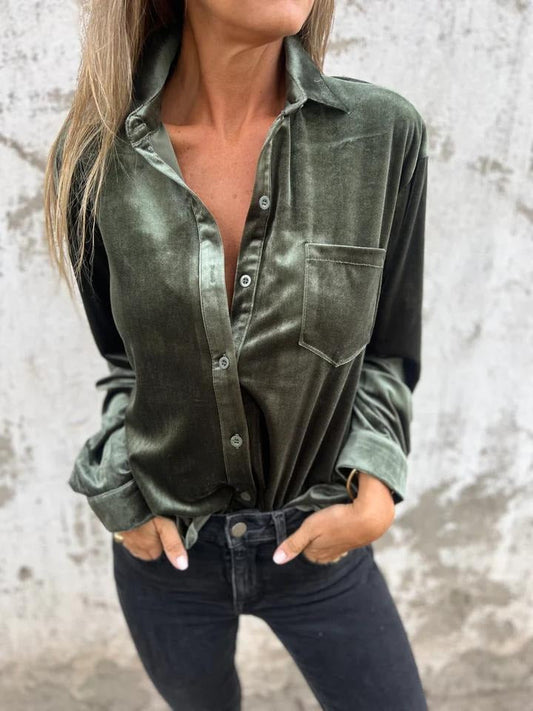 Women’s Velvet Shirt – Loose Fit – Long Sleeve – Button Front – Classic Collar