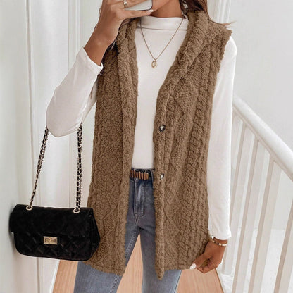 Women’s Hooded Cardigan Vest – Plush Texture – Relaxed Fit – Button Front Layer