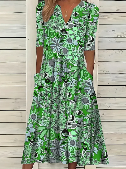 Women’s Maxi Dress – Fit and Flare – V-Neck – Short Sleeve – Floral Print – Breathable Blend