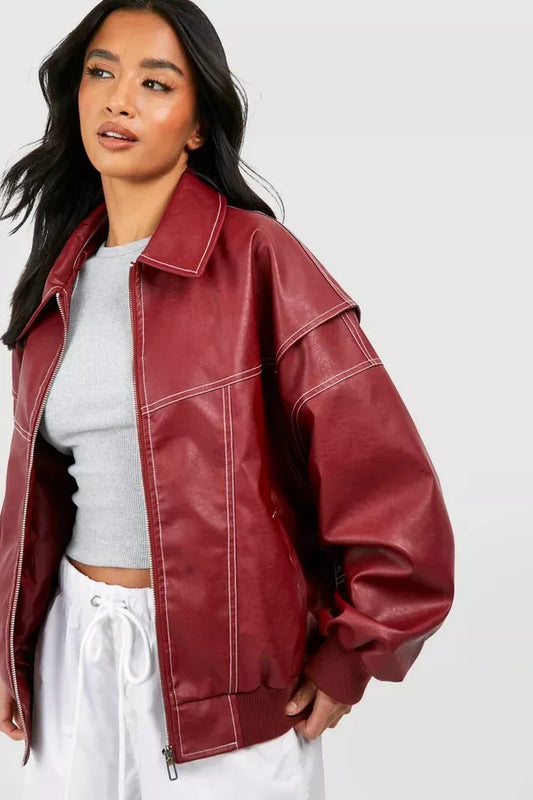 Women’s Leather Jacket – Oversized Fit – Ribbed Cuffs – Zip Front – Hip Length