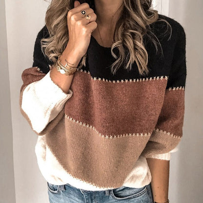 Women’s Pullover Sweater – Relaxed Fit – Knit Feel – Long Sleeve – Striped Pattern