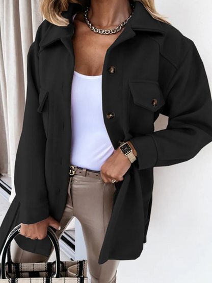 Women’s Shacket Jacket – Oversized Longline Fit – Belted Waist – Chest Flap Pockets