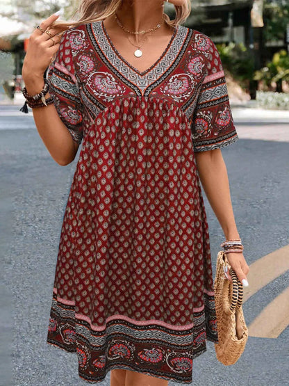 Women’s Casual Dress – Relaxed Fit – V-Neck – Short Sleeve – Ethnic Print – Cotton Feel