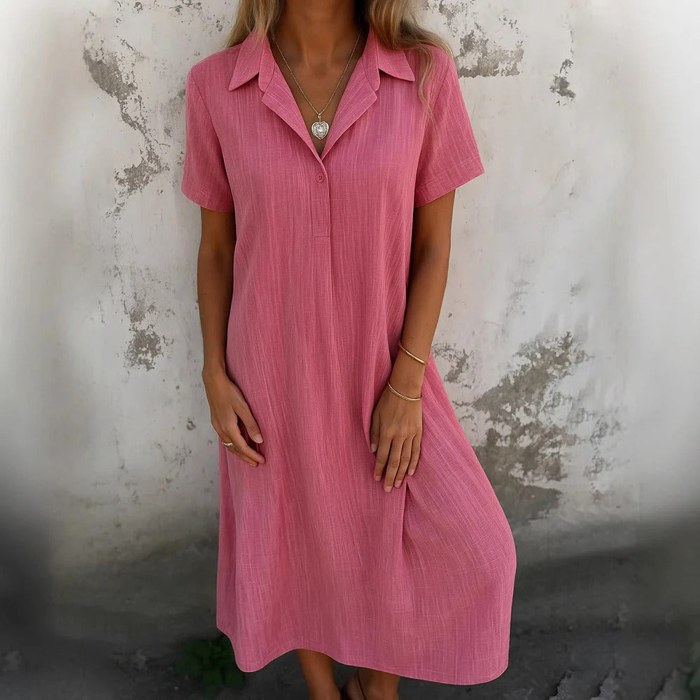 Women’s Shirt Dress – Relaxed Fit – Cotton – Midi Length – Short Sleeve – Casual Wear
