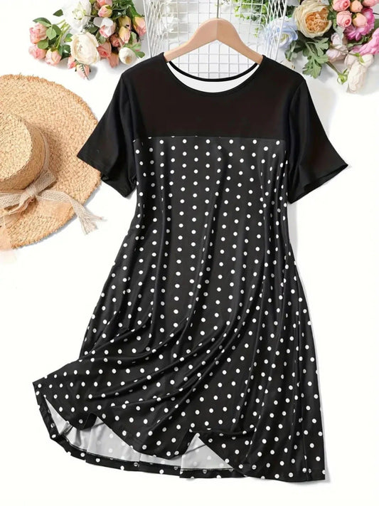 Women’s A-line Dress – Polka Dot – Lightweight Breathable Fabric – Knee Length – Short Sleeve
