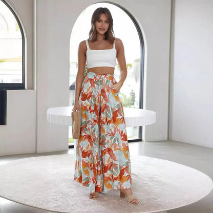 Women’s Maxi Pants – High Waist – Wide Leg – Soft Cotton Feel – Floral Print – Pockets