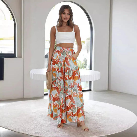 Women’s Maxi Pants – High Waist – Wide Leg – Soft Cotton Feel – Floral Print – Pockets