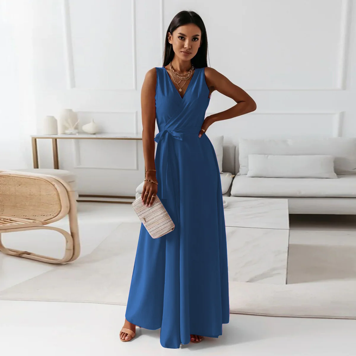 Women’s Maxi Dress – Luxury Fabric – V-Neck – Tie Waist – Sleeveless Elegant Fit