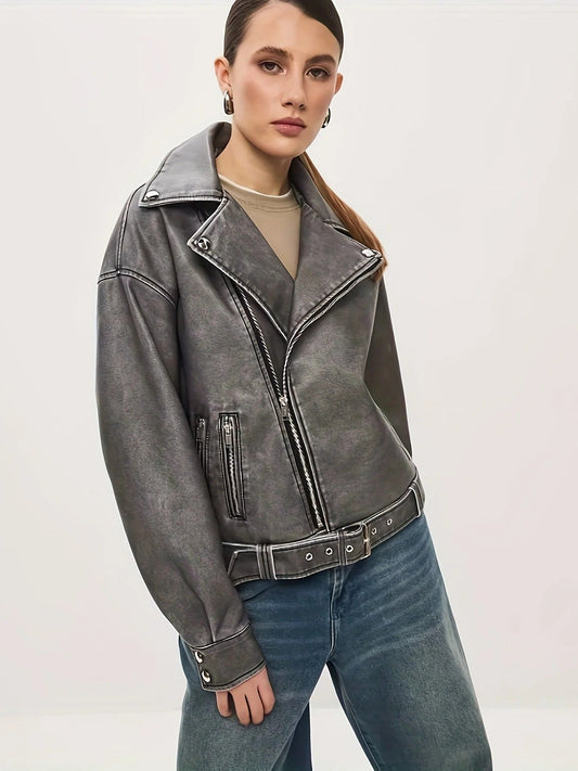 Women’s Biker Jacket – Leather – Oversized Fit – Belted Waist – Silver Hardware