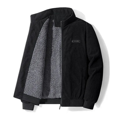 Men’s Jacket – Corduroy Texture – Fleece Lined – Casual Fit – Zip Closure – Stand Collar
