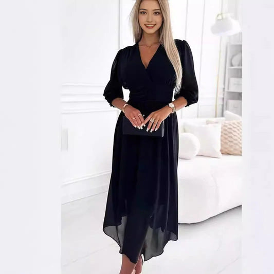 Women’s Maxi Dress – V-Neck – Long Sleeve – Draped Skirt – Silk Feel