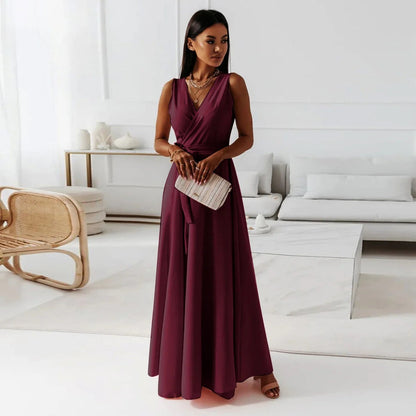Women’s Maxi Dress – Luxury Fabric – V-Neck – Tie Waist – Sleeveless Elegant Fit