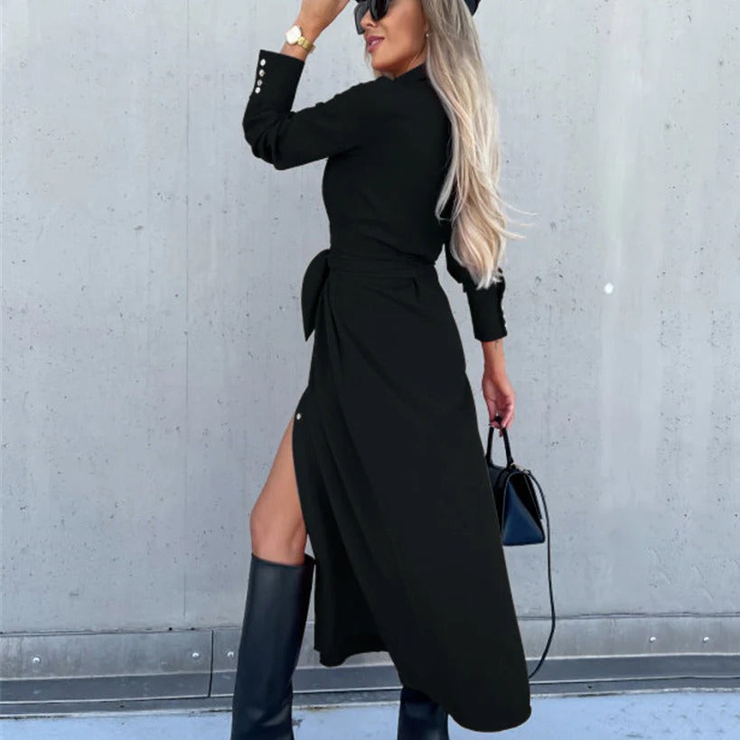 Women’s Shirtdress – Button-Down Front – Soft Drape – Waist Tie – Midi Length
