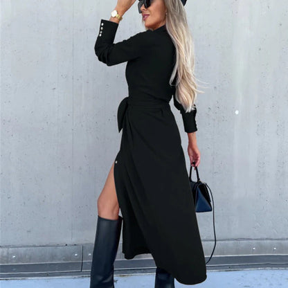 Women’s Shirtdress – Button-Down Front – Soft Drape – Waist Tie – Midi Length