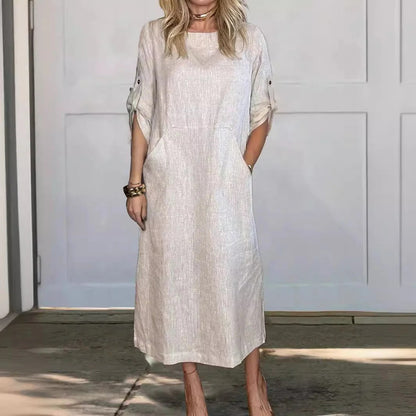 Women’s Maxi Dress – Relaxed Fit – Linen Feel – Roll-Up Sleeves – Side Pockets