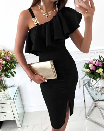 Women’s Midi Dress – Satin Look – Slim Fit – Ruffle Bust – Embellished Straps – Side Slit