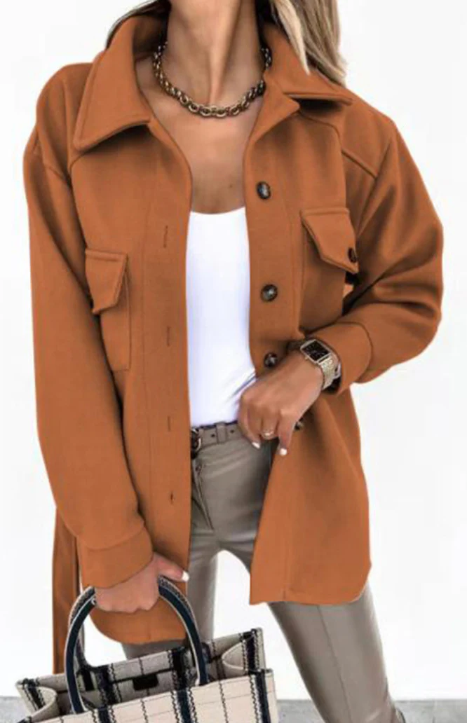 Women’s Shacket Jacket – Oversized Longline Fit – Belted Waist – Chest Flap Pockets