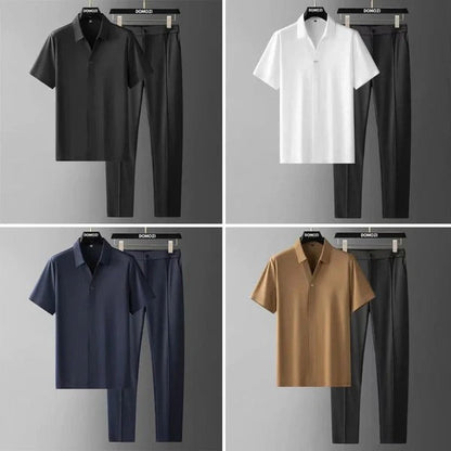 Men’s Two-Piece Set – Slim Fit Shirt and Trousers – Cotton Blend – Button Down