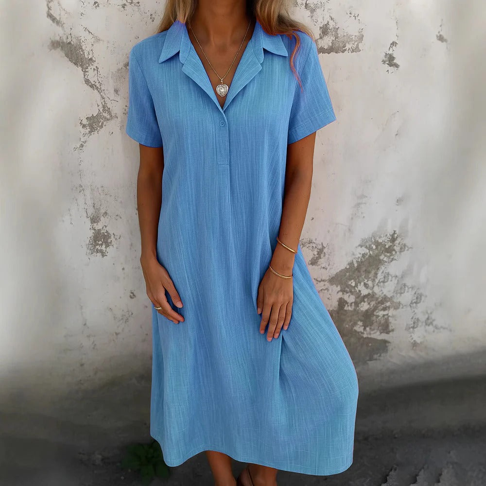 Women’s Shirt Dress – Relaxed Fit – Cotton – Midi Length – Short Sleeve – Casual Wear