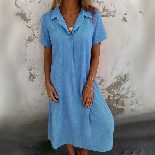 Women’s Shirt Dress – Relaxed Fit – Cotton – Midi Length – Short Sleeve – Casual Wear