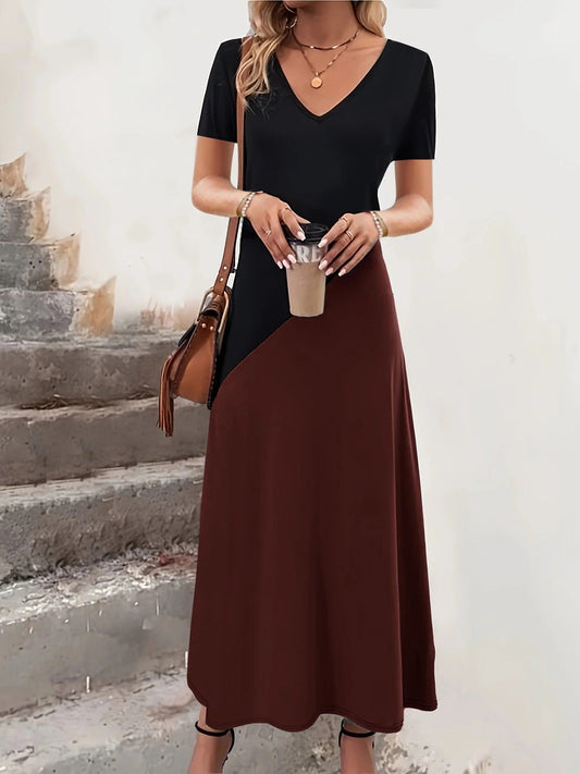 Women’s Maxi Dress – Cotton Blend – Fitted Bodice – V-Neck – Color Block – Short Sleeve