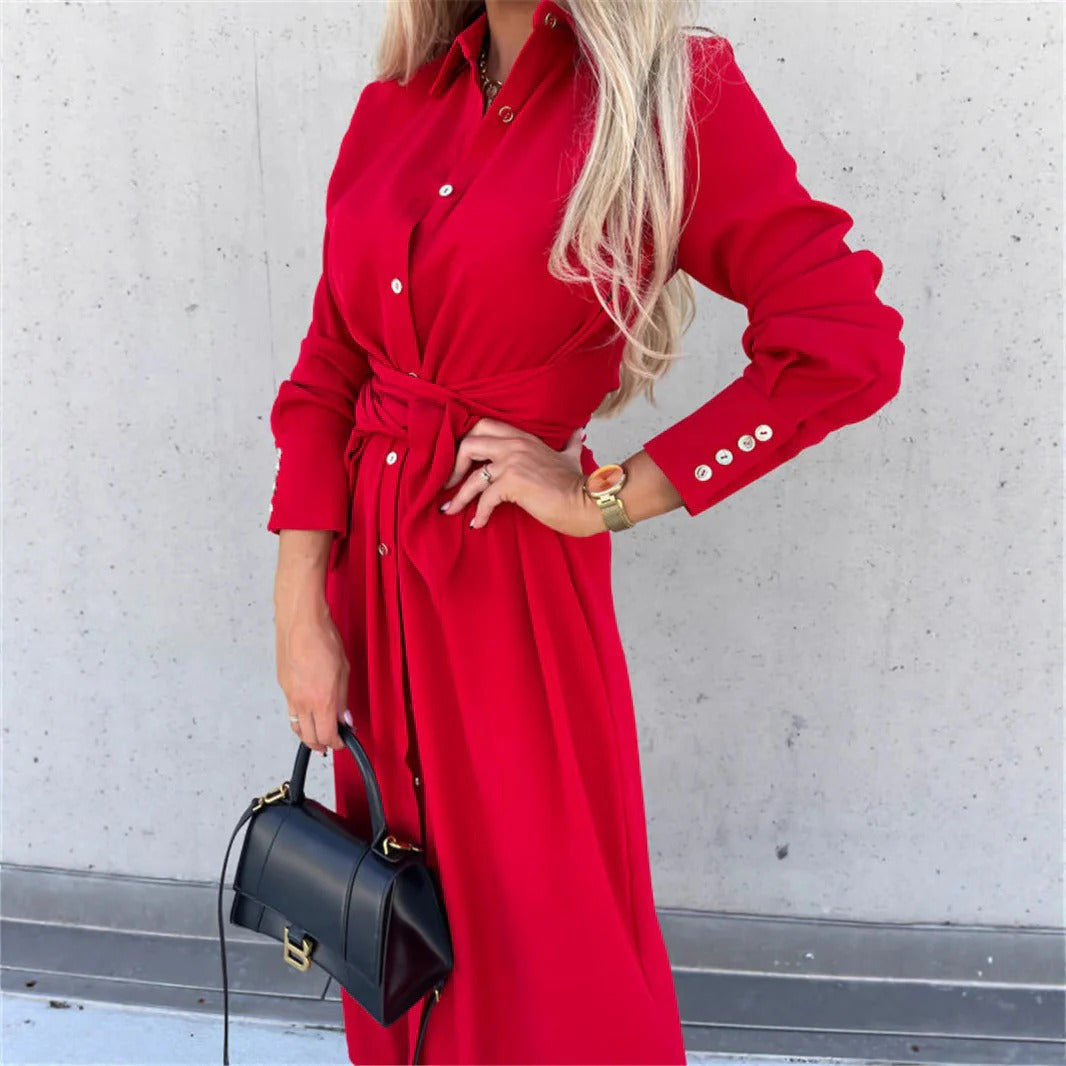 Women’s Shirtdress – Button-Down Front – Soft Drape – Waist Tie – Midi Length