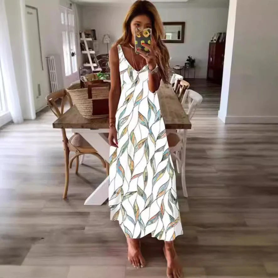 Women’s Maxi Dress – Flowing Fit – Cotton Blend – Sleeveless – Floral Print