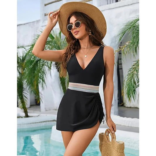 Women’s One-Piece Swimsuit – V-Neck – Ruched Sides – Waistband – Stretch Fit