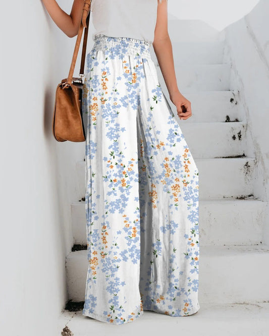 Women’s Wide-Leg Trousers – Relaxed Fit – Elastic Waist – Floral Print – Lightweight Fabric
