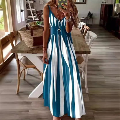 Women’s Maxi Dress – Flowing Fit – Sleeveless – V-Neck – Vertical Stripe – Lightweight Fabric
