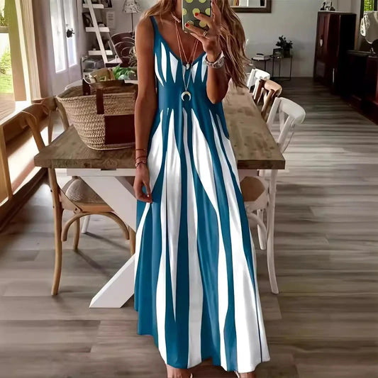 Women’s Maxi Dress – Flowing Fit – Sleeveless – V-Neck – Vertical Stripe – Lightweight Fabric