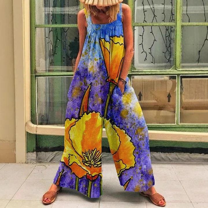 Women’s Wide-Leg Overall – Sleeveless Relaxed Fit – Artistic Print – Soft Drape Fabric