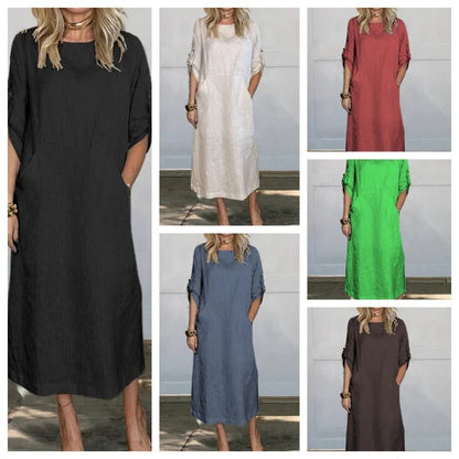 Women’s Maxi Dress – Relaxed Fit – Linen Feel – Roll-Up Sleeves – Side Pockets