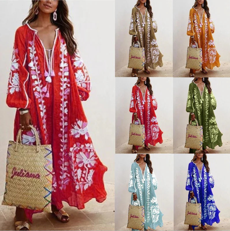 Women’s Kaftan Dress – Floral Embroidered – Relaxed Fit – Cotton Feel – Full Length