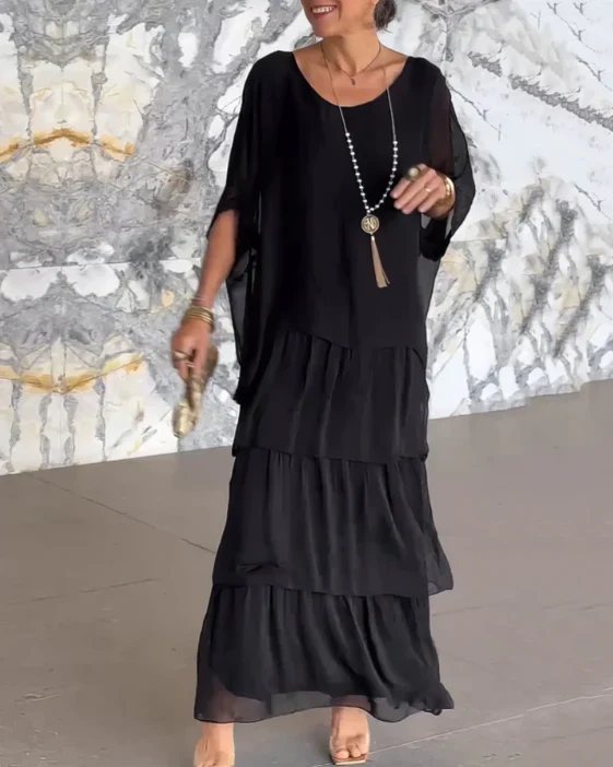 Women’s Maxi Dress – Tiered Flow – Elbow Sleeve Elegance