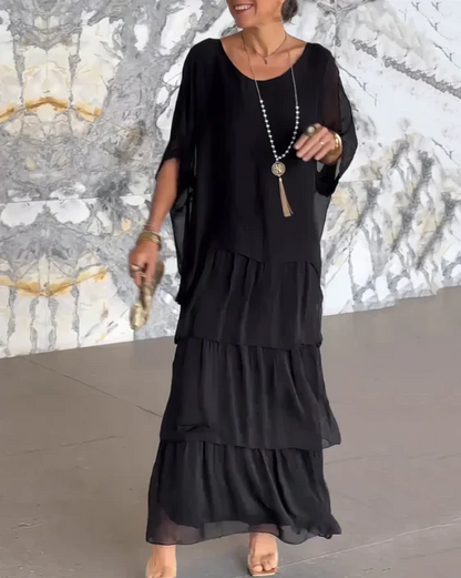 Women’s Maxi Dress – Tiered Flow – Elbow Sleeve Elegance