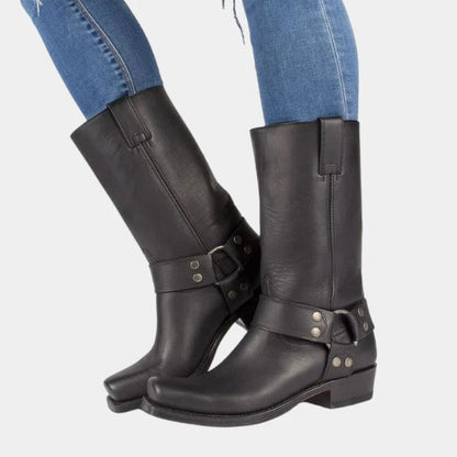 Women’s Mid-Calf Boots – Leather Harness – Buckle Detail – Studded Strap