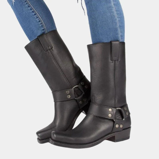 Women’s Mid-Calf Boots – Leather Harness – Buckle Detail – Studded Strap