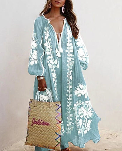 Women’s Kaftan Dress – Floral Embroidered – Relaxed Fit – Cotton Feel – Full Length