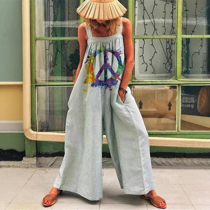 Women’s Wide-Leg Overall – Sleeveless Relaxed Fit – Artistic Print – Soft Drape Fabric