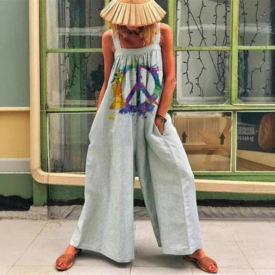 Women’s Wide-Leg Overall – Sleeveless Relaxed Fit – Artistic Print – Soft Drape Fabric