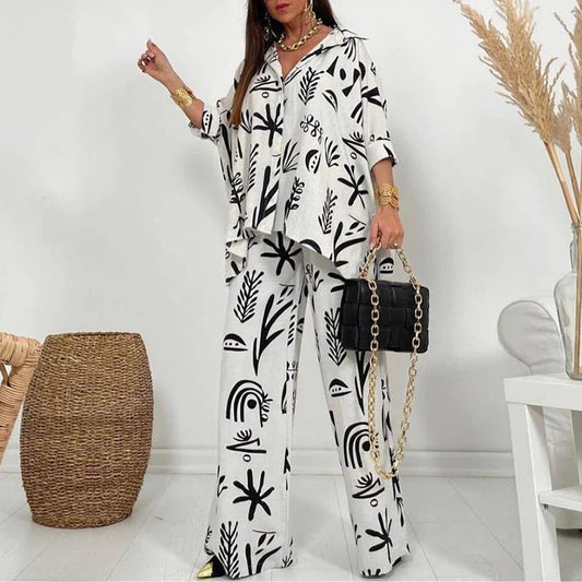 Women’s Two-Piece Set – Relaxed Fit – Wide-Leg Trousers – Button-Down Top