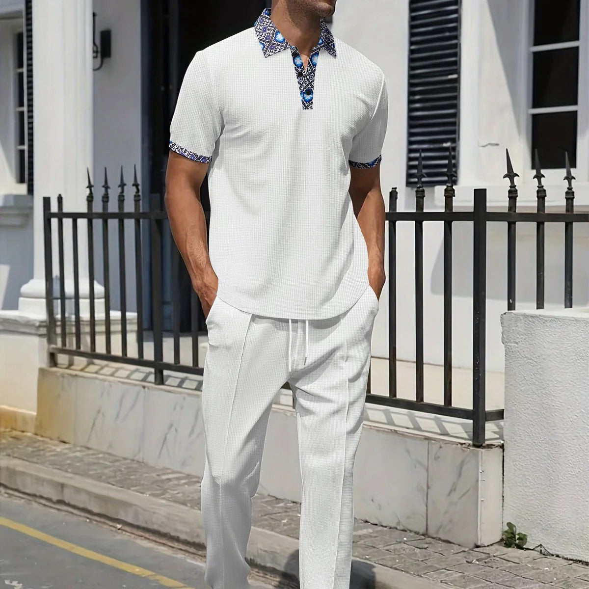 Men’s Casual Set – Relaxed Fit Short Sleeve Top – Tapered Drawstring Pants