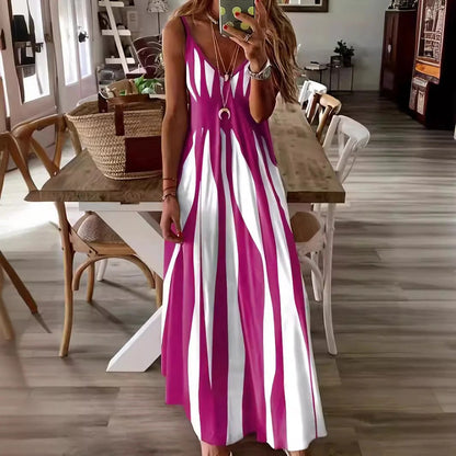 Women’s Maxi Dress – Flowing Fit – Sleeveless – V-Neck – Vertical Stripe – Lightweight Fabric