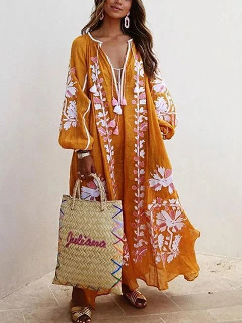 Women’s Kaftan Dress – Floral Embroidered – Relaxed Fit – Cotton Feel – Full Length