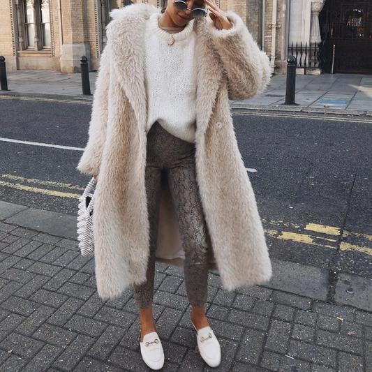 Women’s Jacket – Faux Fur – Mid-Length – Oversized Fit – Open Front – Shaggy Texture